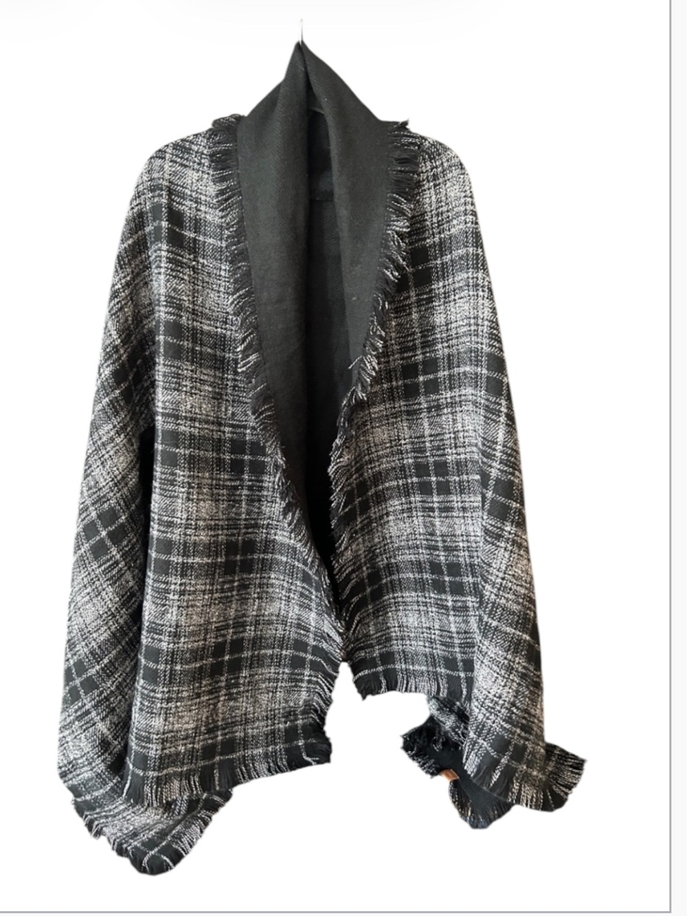 Roots Black Gray Plaid Fringe Cape Wrap Poncho Shawl One Size Cozy Fall